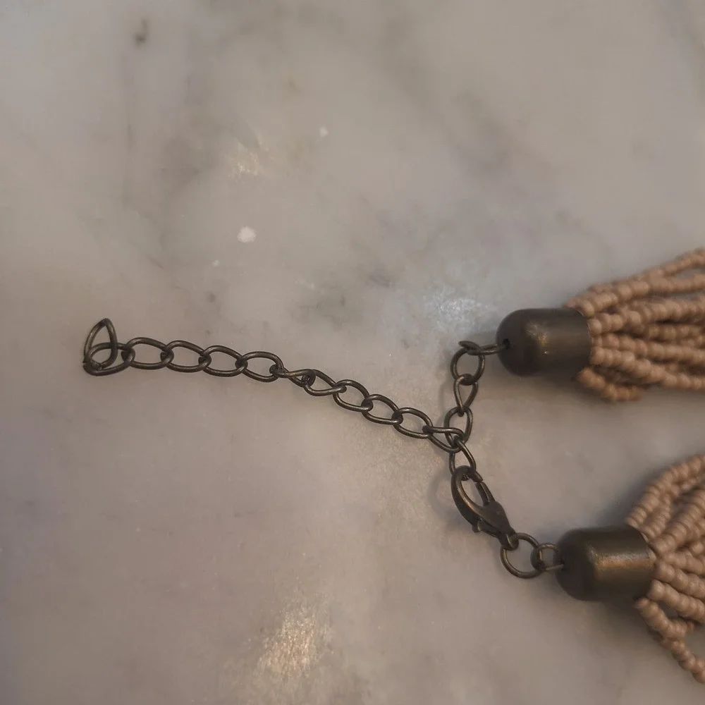 Vintage 90s Multi-Strand Seed Bead Necklace OS Tan Black Gold Boho Statement